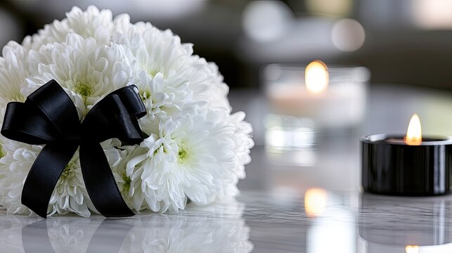 White flowers with black ribbon beside lit candles on reflective surface