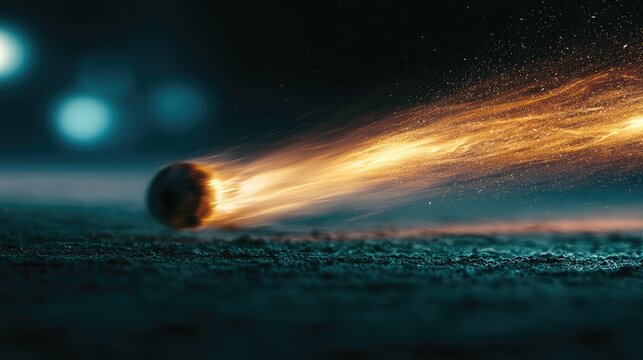 Fiery sphere races across dark textured ground, leaving trail of glowing embers