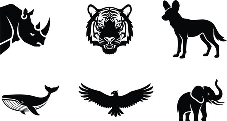 black silhouettes of various wild animals on white background © saidur