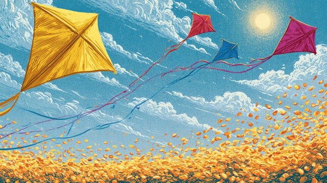 Colorful kites soar joyfully above a vibrant field under a bright, sunny sky