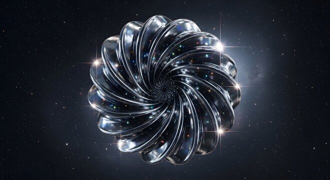 Metallic turbine structure rotates in space with glowing highlights against a dark starry backdrop.