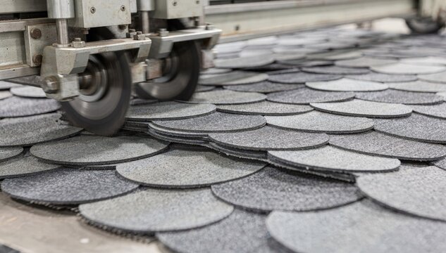 Rotary knives slicing scalloped architectural shingles in a medium shot emphasizing intricate edge design and smooth dimensional roof material production.