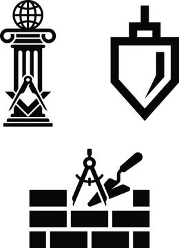 Masonic and construction icons set with symbols and tools on white background