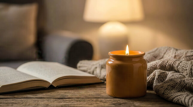 Soft candle glows warmly beside open book. Cozy sweater rests nearby, inviting relaxation. Wooden table holds quiet evening stillness. Warm light casts gentle shadows in dim room