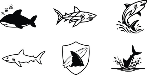 set of shark and whale illustrations in various poses and styles © saidur