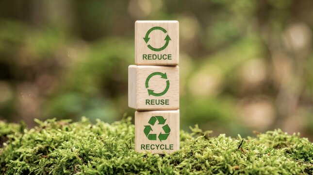 Eco Friendly Concept Wooden Blocks with 3R Symbols Reduce Reuse Recycle on Green Moss Background