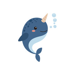 Cute swimming blue narwhal with bubbles vector illustration isolated cartoon character © bytaristudio