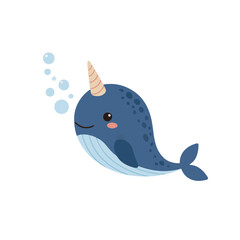 Cute little narwhal with bubbles vector illustration isolated cartoon marine character © bytaristudio