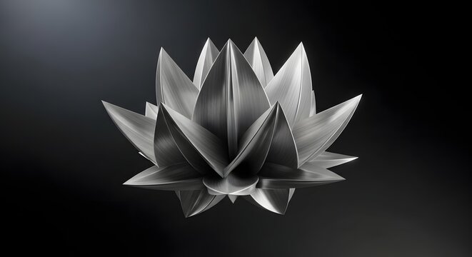 Lotus flower sculpture features sharp metallic petals arranged in a symmetrical botanical pattern.