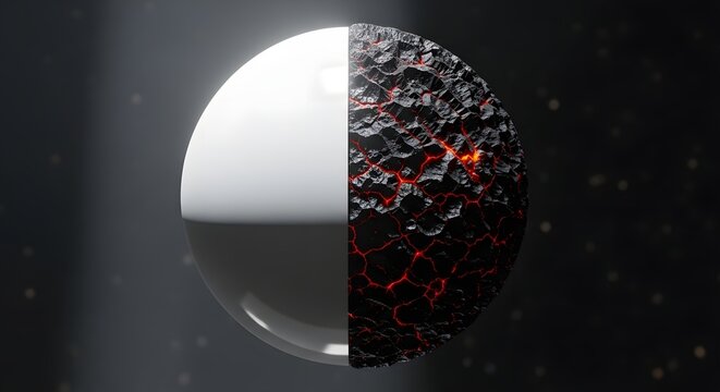 Sphere displays a dual contrast between a smooth white surface and a rugged dark volcanic texture.