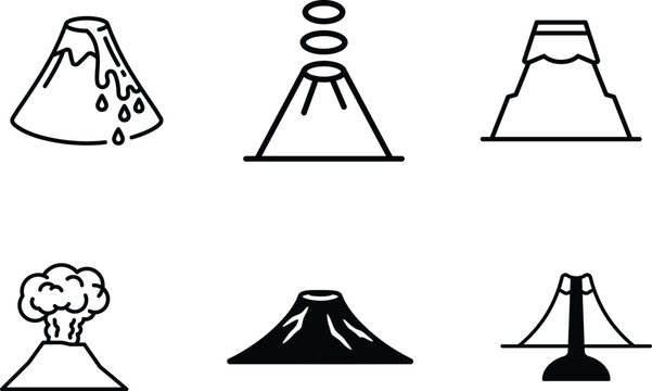 volcano icons in various styles and states of eruption