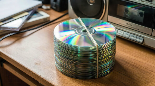 Stacked CDs gleam with rainbow reflections. Wooden desk holds vintage tech and media. Taped stack stands ready for reuse or nostalgia. Past era's sound, data, and memory linger here