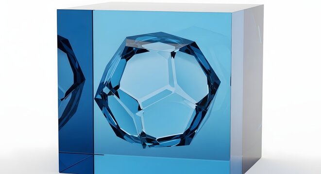 Cube of blue glass contains an intricate geometric polyhedral shape isolated on a white surface.