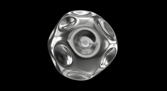 Sphere with metallic indentations reflects light on a dark surface to create a modern industrial look.