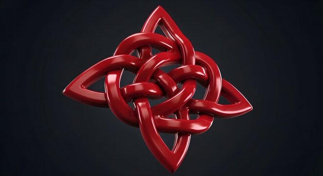 Celtic knot rendered in a polished red material floats against a dark background to symbolize unity.