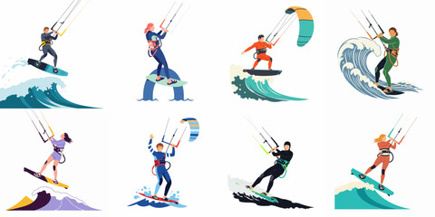Collection of flat vector illustrations depicting various people engaged in kitesurfing across different ocean waves, showcasing extreme water sports and active lifestyle. © Nafa Project
