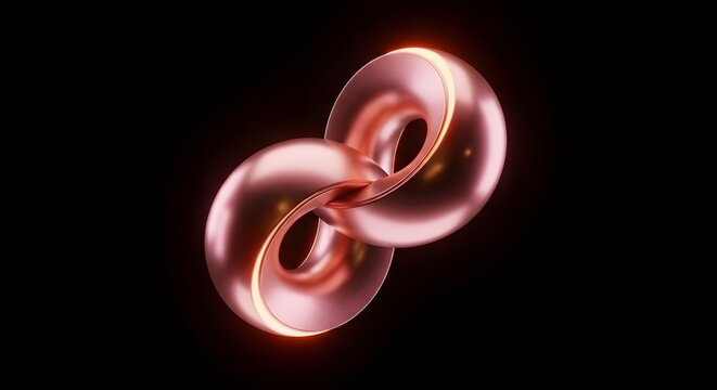 Torus rings interlocked in a metallic rose gold finish float against a dark background.