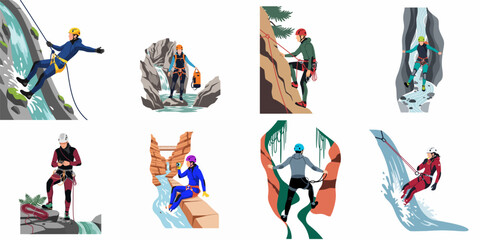 Collection of flat vector illustrations featuring people participating in various canyoneering and rock climbing activities in beautiful natural canyon settings with safety equipment. © Nafa Project