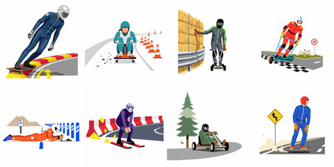 Set of illustrations depicting various gravity-powered extreme sports including street luge, downhill longboarding, soapbox racing, and grass skiing on a white background. © Nafa Project