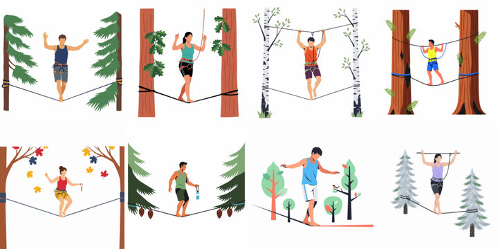 Set of flat illustrations showing people slacklining in various forest environments and seasons, featuring diverse characters balancing on ropes between trees.