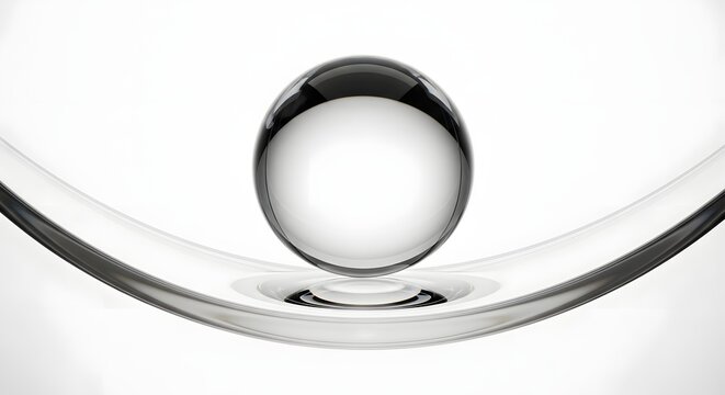Sphere rests perfectly balanced on a curved glass surface to create a minimalist composition with soft reflections.