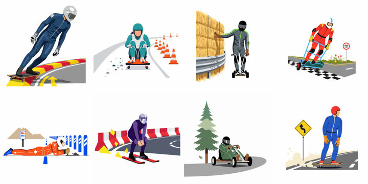 Set of illustrations depicting various gravity-powered extreme sports including street luge, downhill longboarding, soapbox racing, and grass skiing on a white background.