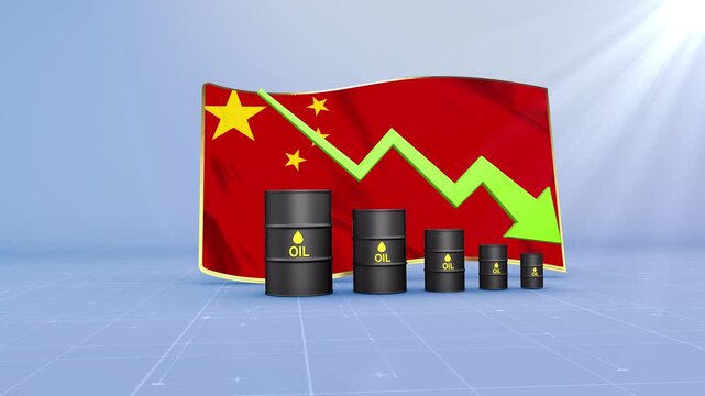 China Oil Price Falling with Oil Barrels Downward Green Arrow and 3D Financial Data Visualization Graphs for Economy and Business Concept