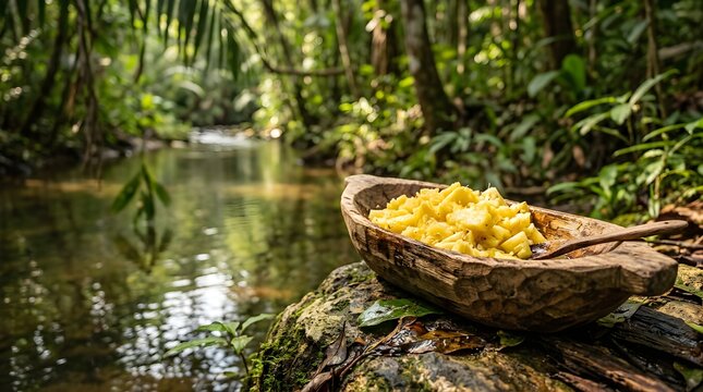 Fresh pineapple chunks in wooden bowl by a tropical jungle stream