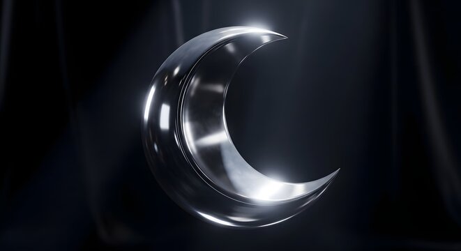 Crescent moon sculpture made of reflective steel rests in a dark atmospheric space.