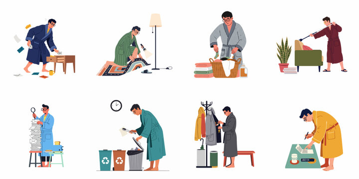 Illustrations of a man in various bathrobes performing daily chores, searching for lost items, and managing tasks at home throughout the day.