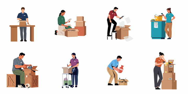 Collection of diverse logistics workers managing product returns, warehouse inventory, and shipping packages in a flat vector illustration style.