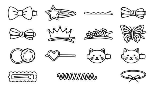 Hair clip vector icon set with simple bold line art girl hair accessories bow barrette and baby snap clip art black and white