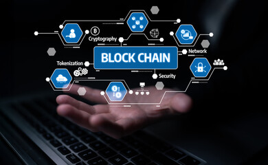 Fototapeta premium Visualize blockchain technology with digital icons displayed over an outstretched hand, emphasizing security, network, and tokenization features for innovative solutions. Tessel