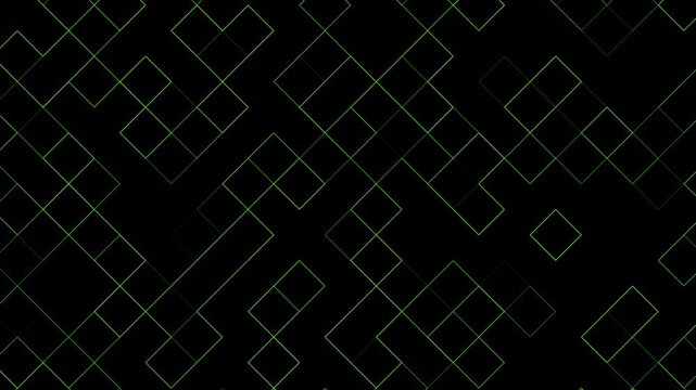 Squares arranged in a geometric pattern create an abstract mosaic that features vibrant green lines against a deep black background, providing a versatile design element for modern digital media.