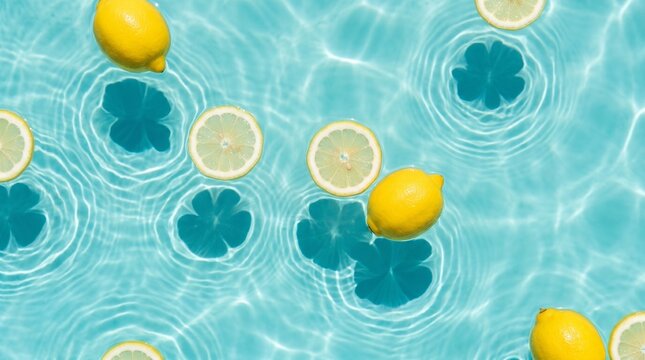 Fresh lemon slices and whole fruits float in clear blue swimming pool water.