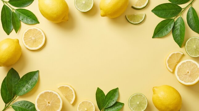 Fresh citrus lemon and lime slices arranged as a border on yellow background.