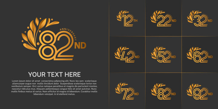 Anniversary logo type set with double line number and floral ornament. gold color for celebration event
