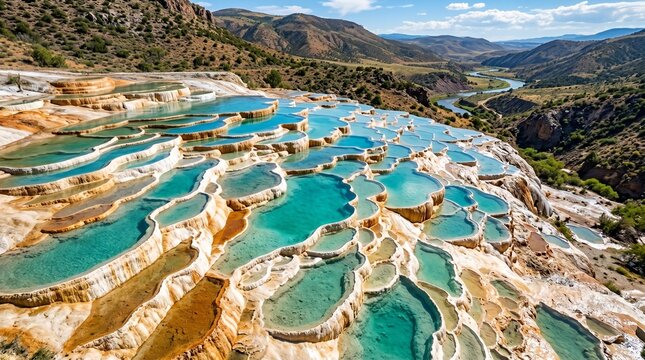 Aerial view of Pamukkale travertine terraces with turquoise pools.
