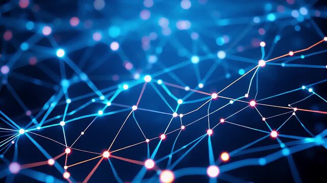A dynamic, abstract visualization of a complex network of interconnected nodes and lines set against a deep blue background