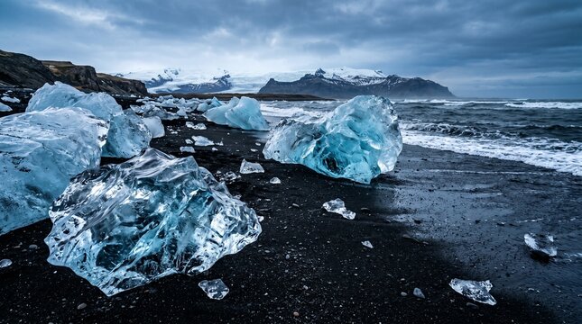 Ice chunks on black sand beach with ocean waves.