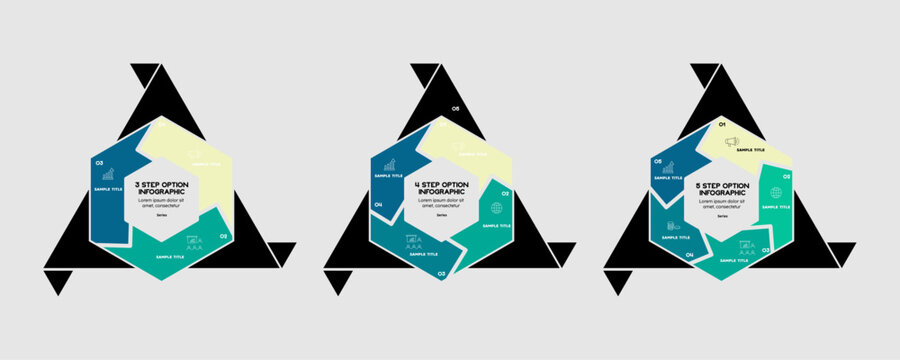 Triangle hexagon infographic set diagram with 3, 4, 5 step process options for presentation. Editable vector illustration