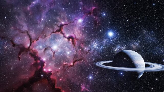 Ringed planet floating in deep space nebula and stars.