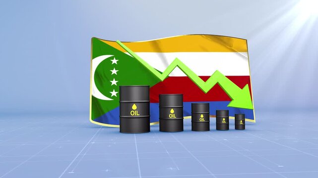 Comoros Oil Price Falling with Oil Barrels Downward Green Arrow and 3D Financial Data Visualization Graphs for Economy and Business Concept