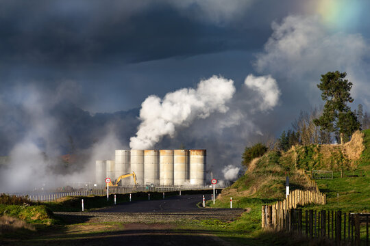 Geothermal power station at Te Mihi, Taupo, New Zealand. Holding or surge tanks for hot separated water. Geothermal energy constitutes NZ's second-largest renewable electricity source.