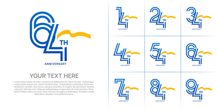Anniversary logo type set with double line number. blue color with yellow long ribbon for celebration event