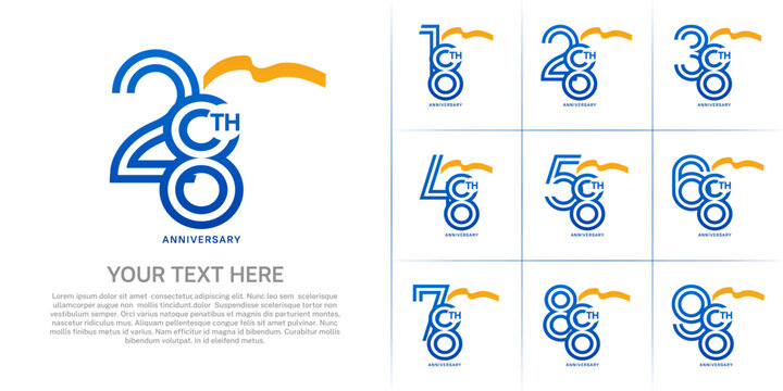 Anniversary logo type set with double line number. blue color with yellow long ribbon for celebration event