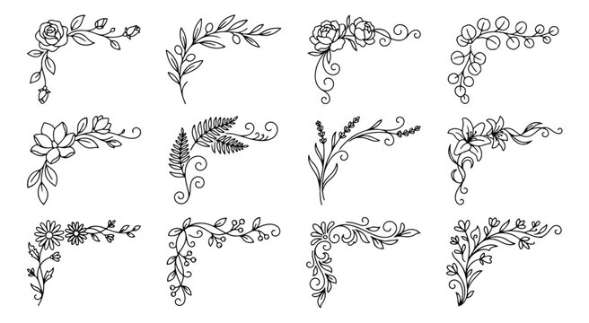 Hand drawn floral corner borders, set of 12 botanical line art frames, elegant black ink flower flourishes for wedding invitations and stationery