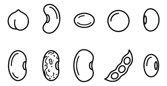 Minimalist bean and legume icon set, black line art vector of 10 organic seeds and pods, healthy plant protein food symbols for packaging