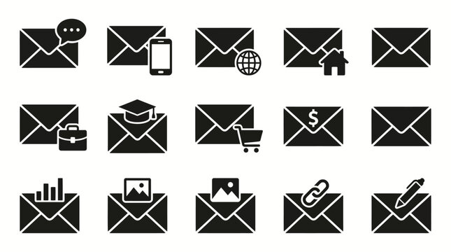 Set of black email and communication icons.