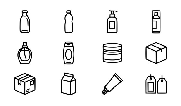 Modern editable stroke packaging icon set with bottles containers and product packaging design vector illustration collection